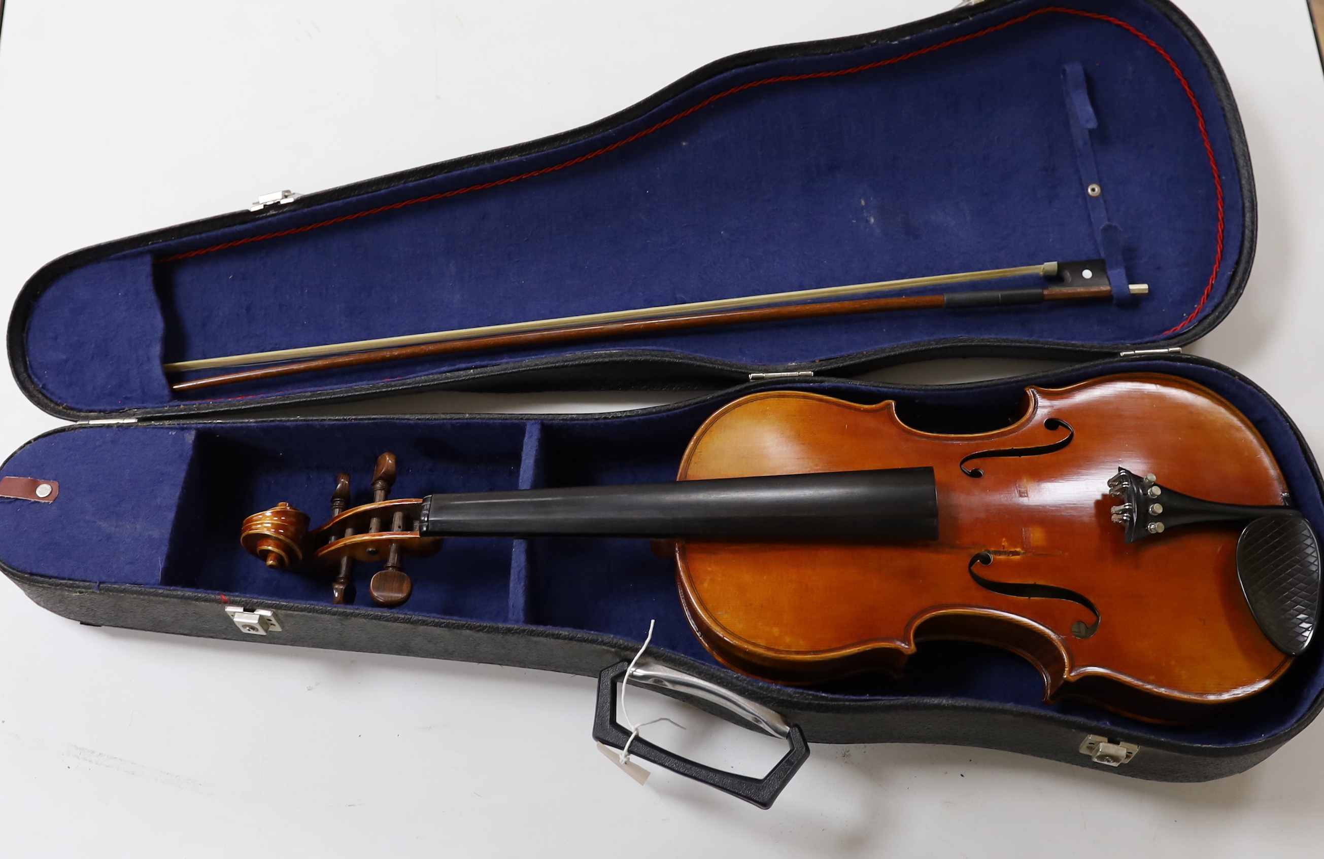 A German viola, labelled Wilhelm Nurnberger, with bow, in case. CITES